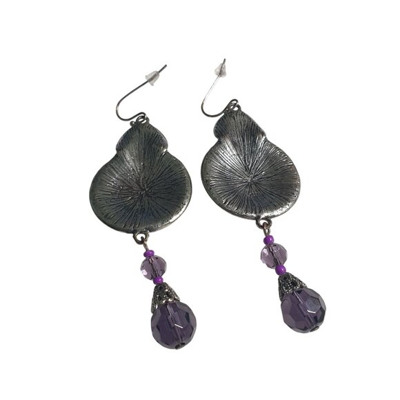 Vintage Purple Beaded Dangle Earrings Intricate Metalwork Drop Design Crystal Ac - Picture 5 of 5